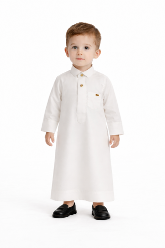 ثوب أولادي كلاسيكي أنيق باللون الأبيض مع أزرار ذهب...
