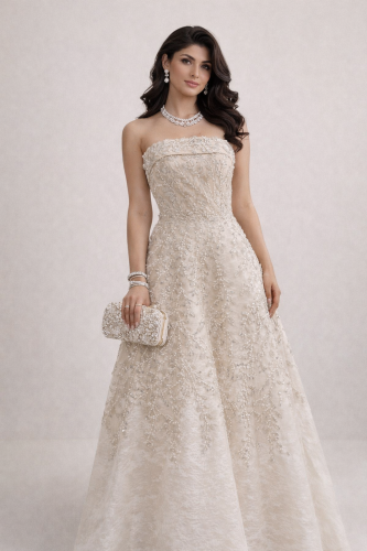 فستان سهرة فاخر بتطريز ناعم وتصميم أميري أنيق