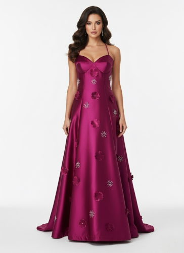 فستان سهرة ساتان فاخر بتطريزات ورود ولمسات براقة