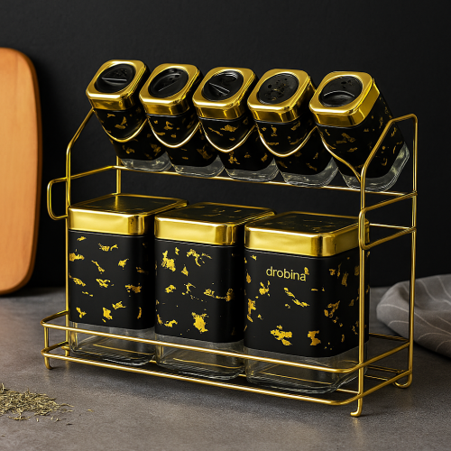 طقم بهارات فاخر باللون الأسود والذهبي- 9 قطعة