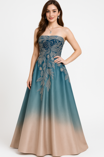 فستان تدرجات الأزرق والبيج بتطريز أوراق