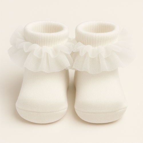 جوارب مواليد بتصميم تول منفوش - وردي وأوف وايت