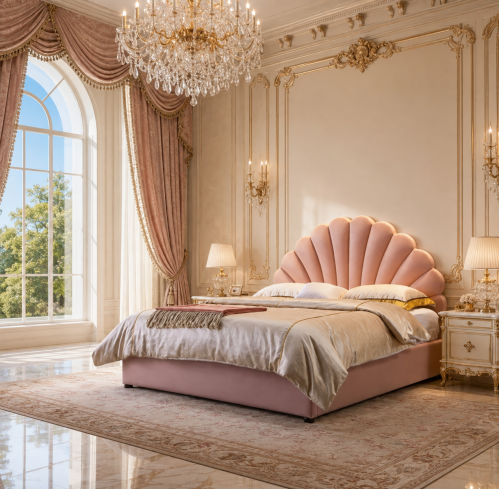 سرير وردي بتصميم صدفي وتنجيد فاخر