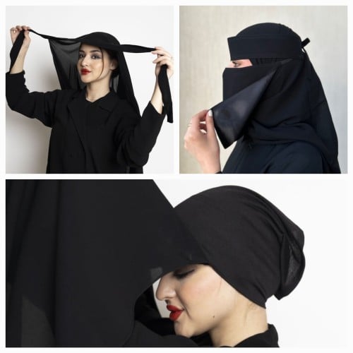 نقاب مبطن حرير أسود + طرحة بندانة + طرحة ربط