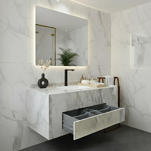 مغسلة بورسلان ادراج رمادي ومرايا مضيئة 3 الوان