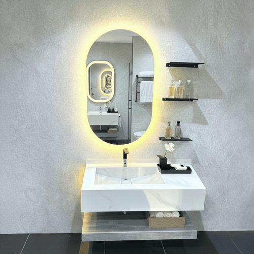 مغسله بورسلان 100 سم حوض شلال مع رف رمادي ومرايا م...