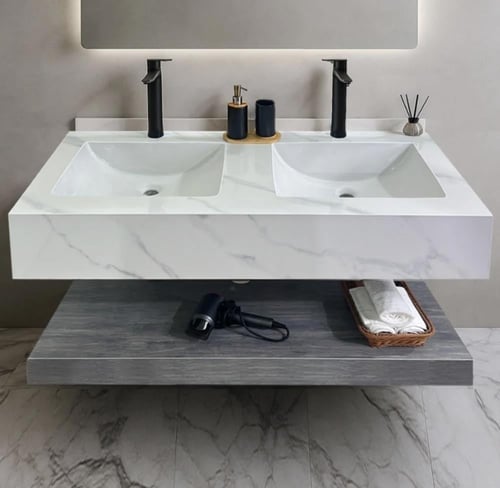 مغسلة حوضين قص ليزر150 عروق رمادي مع رف ومرايا