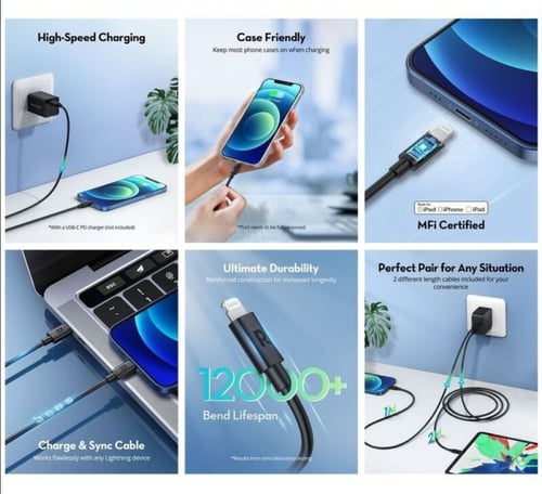 كيبل PD ايفون 3متر - ربل - اسود - موديل PC-1034 ما...