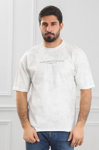 تيشرت رجالي أوفر سايز-مغسول مزين بطبعة بأحرف صغيرة...