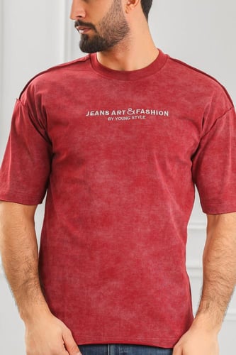 تيشرت رجالي أوفر سايز-مغسول مزين بطبعة بأحرف صغيرة...