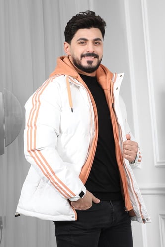 جاكيت رجالي شتوي منفوخ ومبطن بقبعة قطنية وخطوط على...