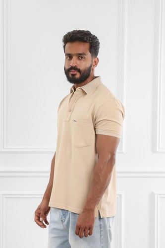 تيشرت رجالي صيفي بياقة بولو وأزرار مع جيبة على الص...