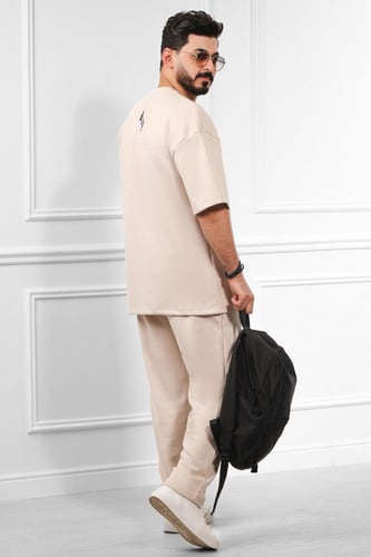 طقم رجالي صيفي كاجوال اوفر سايز بنطال طويل بطبعة ع...