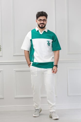 طقم رجالي صيفي كاجوال اوفر سايز ببتيشرت بياقة قميص...