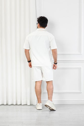 طقم رجالي كاجوال شورت ستن سادة بأكمام قصيرة مزودة...