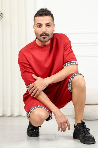 Men's oversized casual set, shorts with short sleeves and a round collar, decorated with Sadu embroidery at the ends of the sleeve...