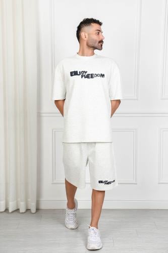 Men's oversized casual set, shorts with short sleeves and round collar, decorated with matching written print on the chest and sho...