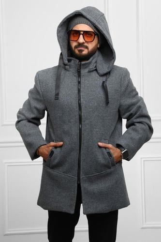 معطف رجالي شتوي طويل مزود بقبعة وجيوب