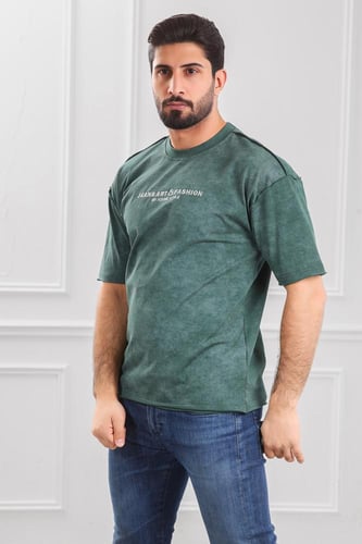 تيشرت رجالي أوفر سايز-مغسول مزين بطبعة بأحرف صغيرة...