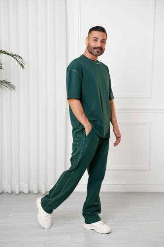 Men's oversized set, short sleeves, long pants, round collar decorated with colorful stitches on the T-shirt and the pants