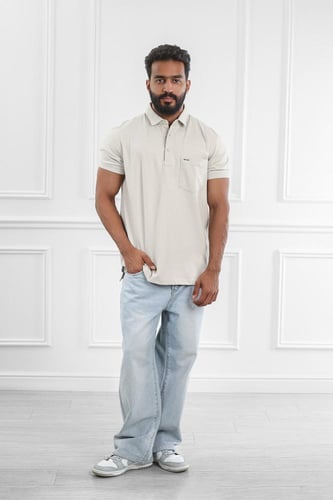 تيشرت رجالي صيفي بياقة بولو وأزرار مع جيبة على الص...