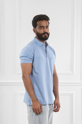 تيشرت رجالي صيفي بياقة بولو وأزرار مع جيبة على الص...
