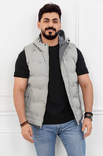 صدرية رجالي شتوي سحاب بدون أكمام بقبعة وتفاصيل منف...