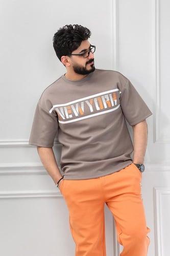 طقم رجالي صيفي كاجوال اوفر سايز بتيشرت طبعة عريضة...