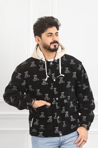 جاكيت رجالي شتوي فرو بقبعة بلون بيج وأكمام مزمومة