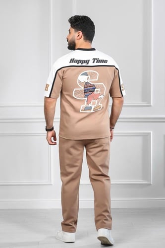 طقم رجالي صيفي كاجوال اوفر سايز تيشرت بياقة V بلون...