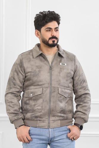 جاكيت رجالي شتوي سحاب فرو مغسول بأكمام مزمومة وجيب...