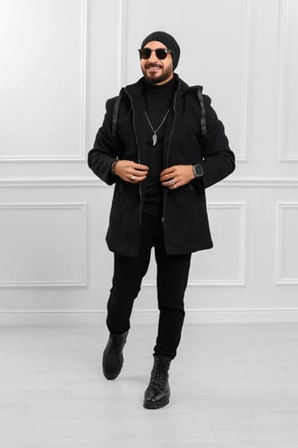 معطف رجالي شتوي طويل مزود بقبعة وجيوب