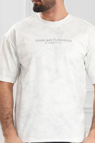 تيشرت رجالي أوفر سايز-مغسول مزين بطبعة بأحرف صغيرة...