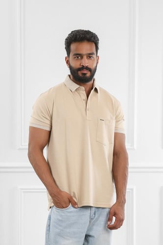 تيشرت رجالي صيفي بياقة بولو وأزرار مع جيبة على الص...