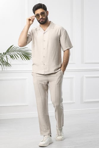 طقم رجالي بحري طويل سادة بأكمام متوسطة الطول