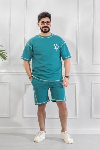 طقم رجالي كاجوال شورت أوفر سايز بياقة دائرية مزين...