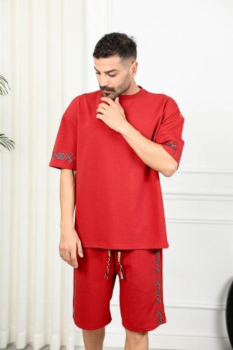 Men's oversized casual set, shorts with short sleeves and round collar, decorated with embroidery at the sleeve ends and sides of...