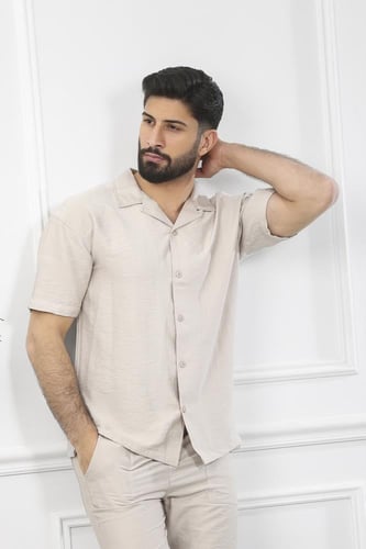 طقم رجالي بحري طويل سادة بأكمام متوسطة الطول مطوية