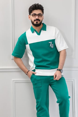 طقم رجالي صيفي كاجوال اوفر سايز ببتيشرت بياقة قميص...