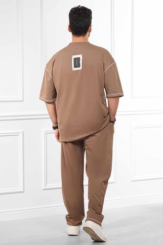 طقم رجالي صيفي كاجوال اوفر سايز بنطال طويل بخطوط ع...