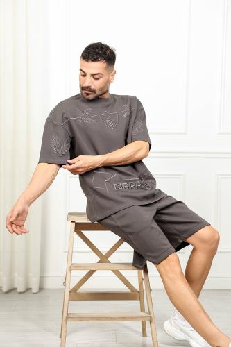 Men's oversized casual set, shorts with short sleeves and a round collar, decorated with a large embossed print on the chest and a...