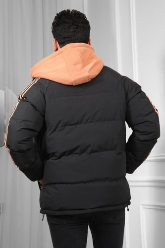 جاكيت رجالي شتوي منفوخ ومبطن بقبعة قطنية وخطوط على...