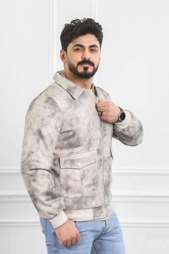 جاكيت رجالي شتوي سحاب فرو مغسول بأكمام مزمومة وجيب...