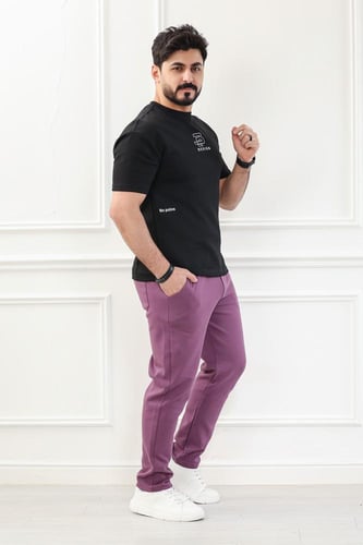 طقم رجالي اوفر سايز نص كم بنطال طويل ياقة دائرية م...