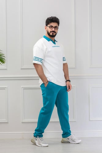 طقم رجالي صيفي كاجوال اوفر سايز تيشرت بياقة قميص ب...