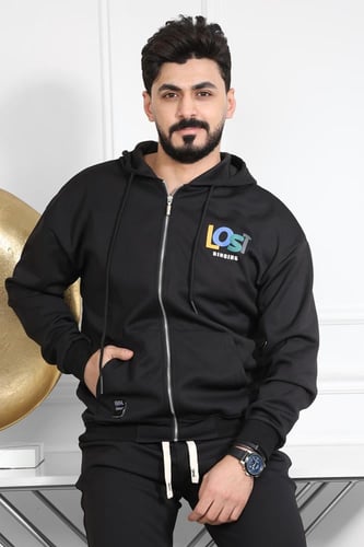 طقم رجالي شتوي اوفر سايز مكون من هودي بسحاب وبنطال