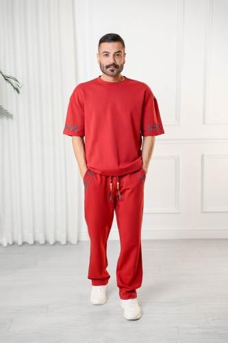 Men's oversized set, short sleeves, long pants, round collar, decorated with embroidery at the ends of the sleeves and the pants p...