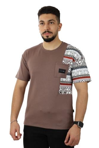 تيشرت رجالي صيفي اوفر سايز بكم منقوش وجيبة صغيرة ع...