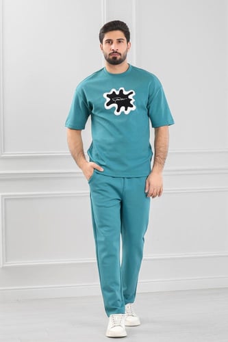 طقم رجالي أوفر سايز نص كم بنطال طويل