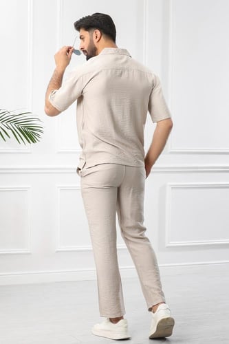 طقم رجالي بحري طويل سادة بأكمام متوسطة الطول